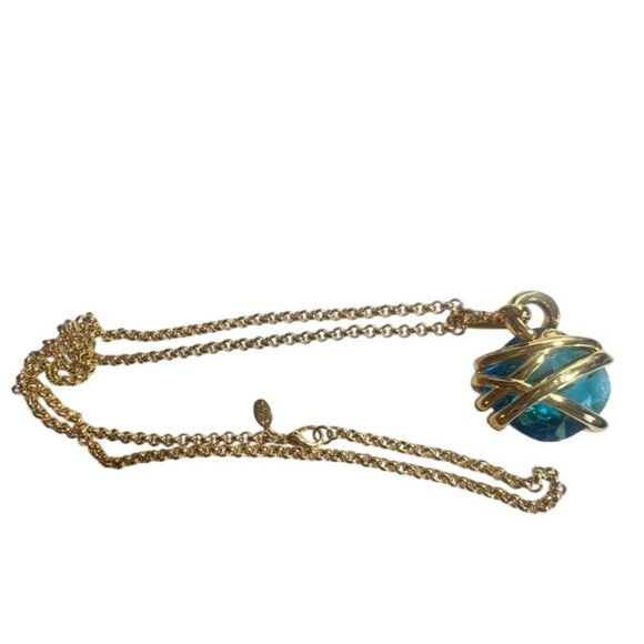 Kenneth Jay Lane KJL Signed Blue Crystal Pendant Necklace Gold-Tone Rhinestones - Picture 9 of 16
